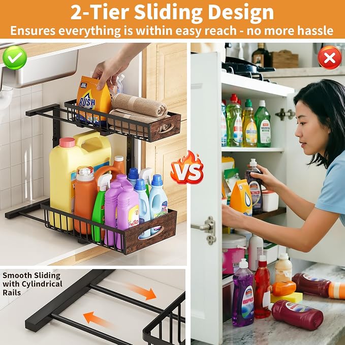 2-Tier Under Sink Organizer with Wooden Drawer Handle, 2 Pack Adjustable Height Pull Out Cabinet Organizer Shelf,Slide out Storage Drawer Rack for Kitchen Bathroom Laundry Room Pantry (Black)