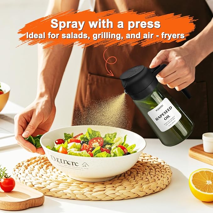 Olive Oil Sprayer for Cooking, 16oz Glass 2 in 1 Oil Dispenser Bottle | Light Blocking, BPA-Free Food Grade, Fine Mist Precise Control, Air Fryer BBQ Salad, Leakproof Anti-Clog, Pre-Printed Labels