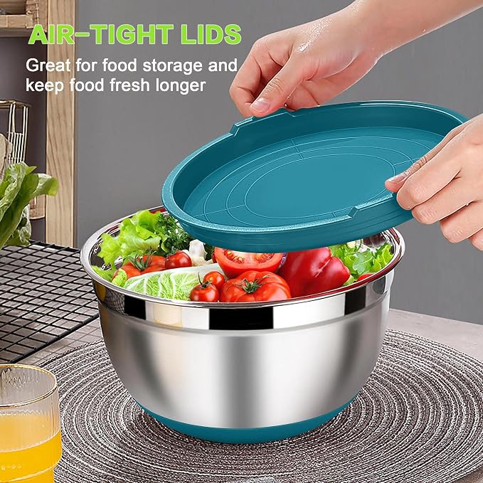 LIANYU Metal Nesting Mixing Bowls Set of 6, Size 7, 3.5, 2.5, 2, 1.5, 1QT | Large Stainless Steel Bowls for Cooking, Baking, Food Storage, Non-slip Bottom & Airtight Lids, Dark Blue