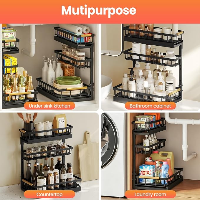 Under Sink Organizer and Storage for Bathroom and Kitchen - 2 Pack 3 Tier | Under Cabinet Pull Out Shelf Organizers - Slide Out Drawer Organization for Home Cabinets Shelves and Drawers