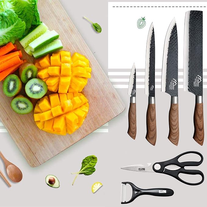 6 Pieces Black Professional Chef Knife Set with Stainless Steel Cutlery | BBQ Knife Set, Ergonomic Design Handle, Gift Box for Festival, Kitchen Essential