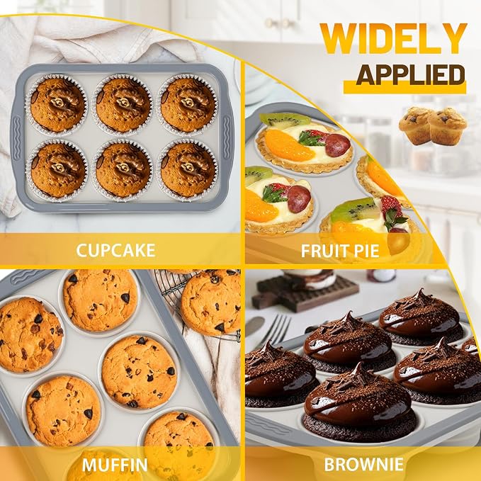 Silicone Muffin Pan, 6 Cups Non-Stick Cupcake Pan, Food-Grade BPA-Free Muffin Tin, Oven-Safe 450 °F, Reinforced Steel Frame, Easy-Grab Handles, Quick-Release 2.7" Baking Molds for Mini Treats