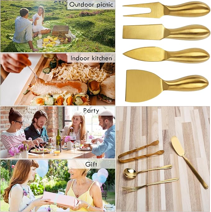 18 pieces Charcuterie Board Accessories, Gold Stainless Steel Cheese Knives, Butter Knife Spreader, Appetizer Forks, Mini Serving Tongs Spoons for Gathering Wedding Birthday...