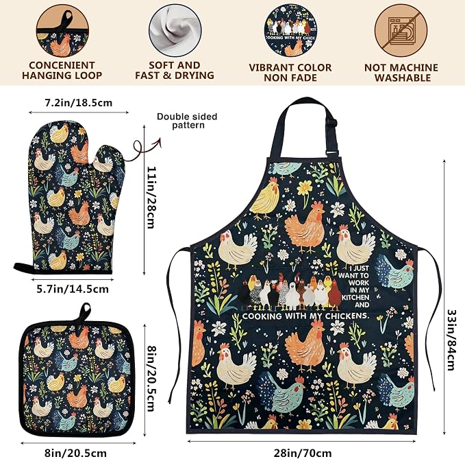 8 PCS Chicken Bamboo Cooking Spoon with Apron and Oven Mitts,Rooster Kitchen Utensil Decor Gifts for Women Chicken Lovers,Roosters Themed Decorations for Home,Housewarming,Birthday,Mother's Day,Easter