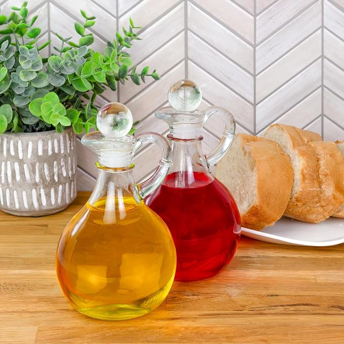 Cornucopia Brands Glass Oil and Vinegar Cruets (Set of 2); 8oz Round Oil Dispensers/Salad Dressing Bottles with Stoppers