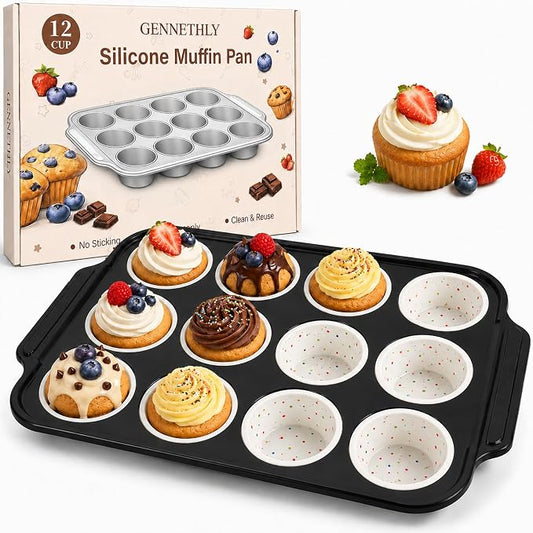 Silicone Muffin Pans for Baking, 12-Cup Muffin Tin with Metal Frame | Reinforced Metal Frame, 12-Cup Size, Easy Release Cups, Nonstick Silicone, Oven & Dishwasher Safe