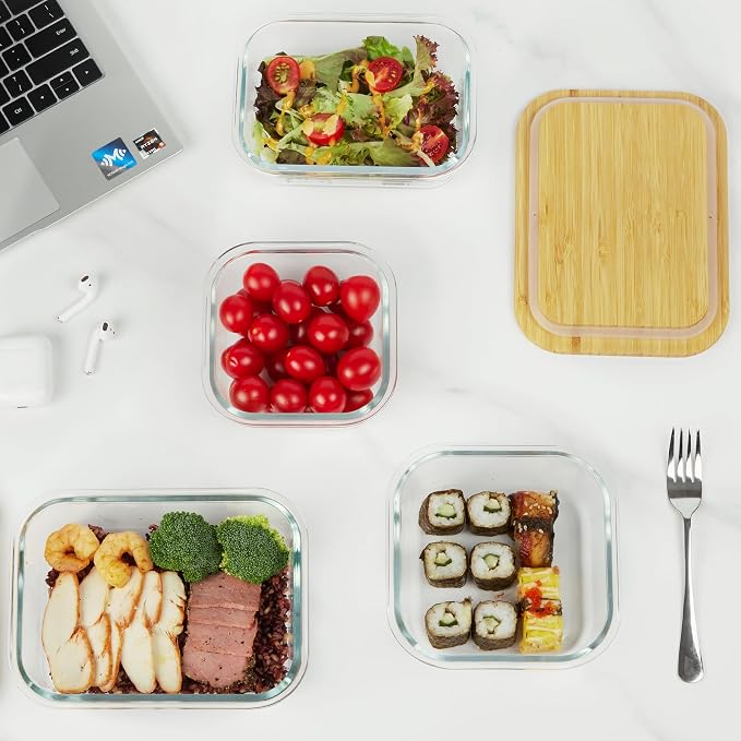 Vtopmart 4 Pack Glass Food Storage Containers with Bamboo Lids Meal Prep | Reusable Meal Prep Containers for Leftovers, Lunch & Kitchen Storage, Microwave, Oven, Freezer and Dishwasher Safe