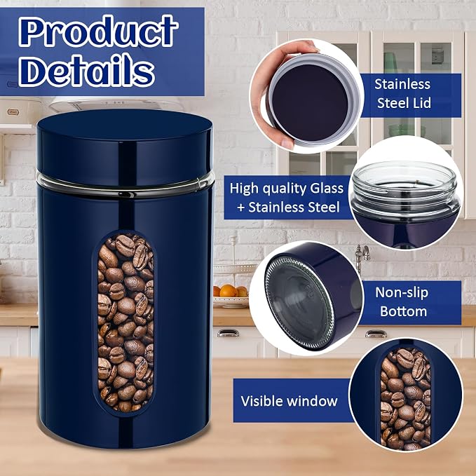6 Pack Kitchen Canisters Set Airtight Coffee Sugar Tea Storage Jars with Window Glass Stainless Steel Containers with Lids for Flour Cookies Spices Grains Kitchen Decorations (Navy Blue,32 oz)