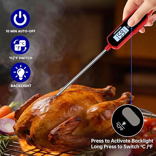Lonicera Digital Candy Thermometer with Pot Clip, 11" Long Probe, Instant Read 2-3s, IPX6 Waterproof Food Thermometer with Backlight, for Deep Fry, Oil & Meat (Red)