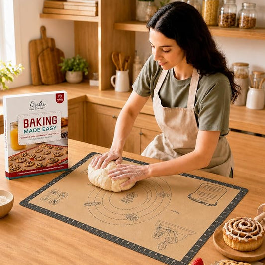 Silicone Baking Mat with 10 Easy Recipes, 0.7MM Extra Thick Silicone Mats for Baking, Kneading, Pastry Dough Rolling, Baking Essential for Cookie, Macaron, Bread, Pizza, Sourdough