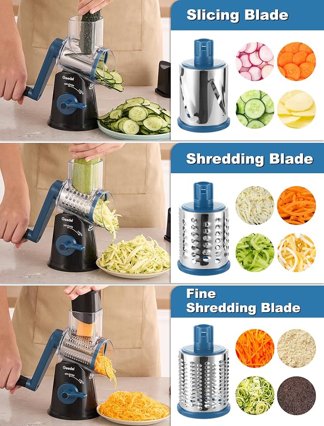 Geedel Rotary Cheese Grater Cheese Shredder - Upgraded 5-in-1 Cheese Grater with Handle and Strong Suction Base, Multi-purpose Vegetable Slicer Ice Shaver Nuts Grinder for Cheese, Vegetables, Ice