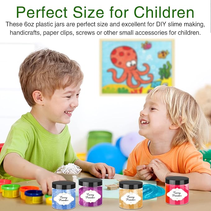 PeacePeo 6 OZ Plastic Jars with Lids,48 Pcs Round Containers for Slime | Wide-Mouth Storage Jars with Black Screw on Airtight Lids, Empty Refillable, Save-Sapce, for Travel Kitchen Food Storage