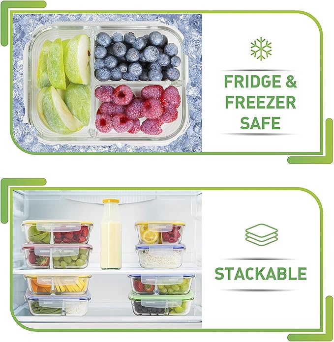 PrepNaturals 4 Pack 34oz Glass Meal Prep Containers - 3 Compartments | Borosilicate Glass Meal Prep Containers - Airtight Leak-Resistant Lids, Microwave, Oven & Freezer Safe (4-Pack, 34 oz)