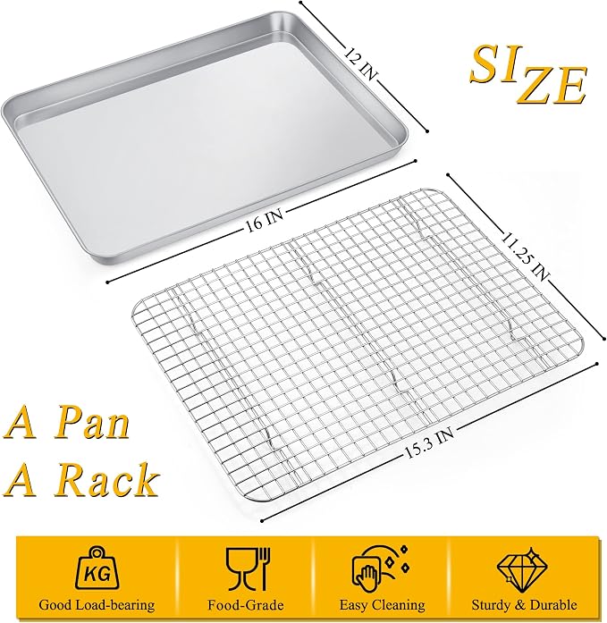 P&P CHEF 16 Inch Baking Sheet Pan and Cooking Rack - 2 Pieces | 1x Cookie Sheet + 1x Grid Rack, Stainless Steel Oven Tray with Wire Rack for Oven Baking, Healthy & Sturdy & Easy to Clean