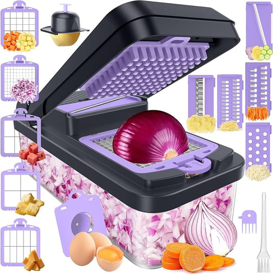 MealHelper 15-in-1 Vegetable Chopper, 10 Blade Veggie Chopper, Practical Food Chopper with Container, Cheese Grater, Home Essentials & Kitchen Gadgets(Purple)