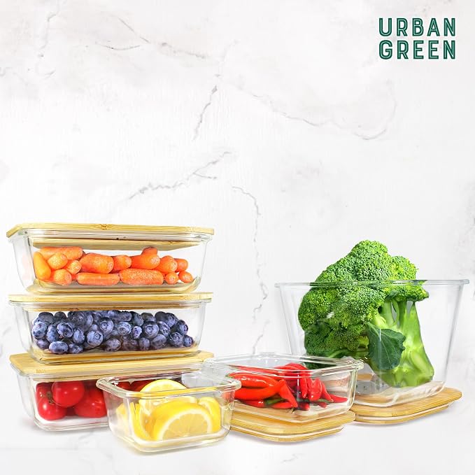 Glass Containers with Bamboo Lids, Bamboo Meal Prep Storage Containers with Lids, Oven, Freezer, Microwave Safe, Pack of 4, 35oz