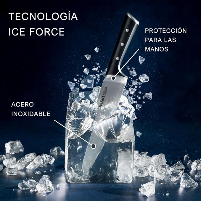 Tefal Wooden Knife Block 5pc Set- Ice Force Knives, German Stainless Steel & Premium Design - Bread 20 cm | Chef 20 cm | Santoku 18 cm | Utility 11 cm | Paring 9 cm - K232S574