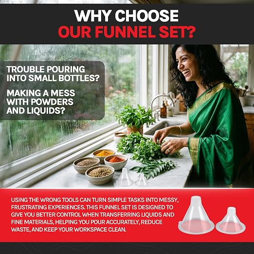 BleedZone Small and Medium Plastic Funnels for Filling Bottles, Small Funnel for Powder, Glitter & Spices, Plastic Funnels for Liquids, Perfume, Essential Oil, Kitchen Funnel Set Clear Durable 2 Pack