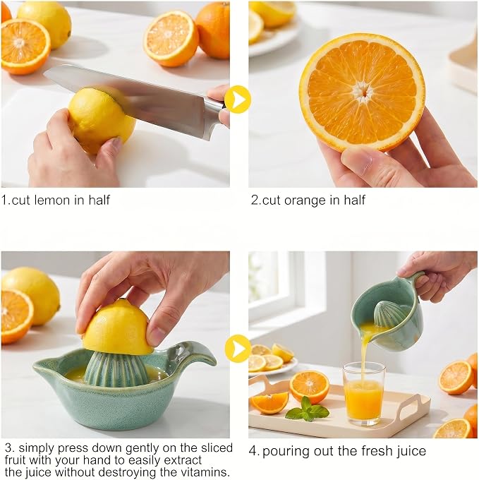 4 inch Ceramic Lemon Squeezer-Manual Citrus Juicer with Handle and Easy Pour Spout for Lemon,Orange, Lime&Grapefruit-Easy to Clean Hand Press Juicer,Microwave&Dishwasher Safe,Lead-Free (Green)