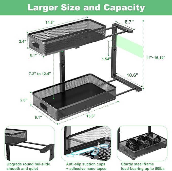 Under Sink Organizer 2 Pack, High Adjustable 2 Tier Under Sink Organizers and Storage, Slide out Metal Cabinet Organizers, Pull out Storage Drawer Shelf for Kitchen Bathroom Cabinet (Black)