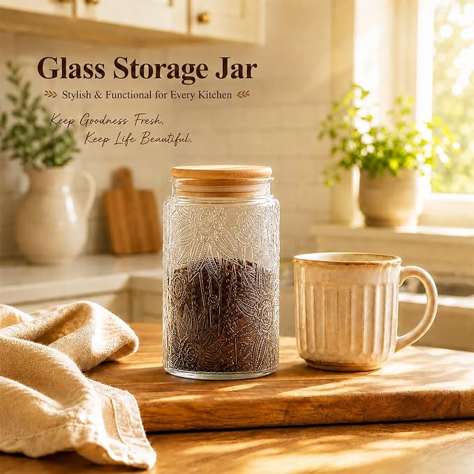 Glass Storage Jars with Airtight Bamboo Lid, 35 FL oz - Decorative Food Canisters for Kitchen Counter, Ideal for Sugar, Coffee, Tea, Candy, Cookies (35oz Large Sunflower)