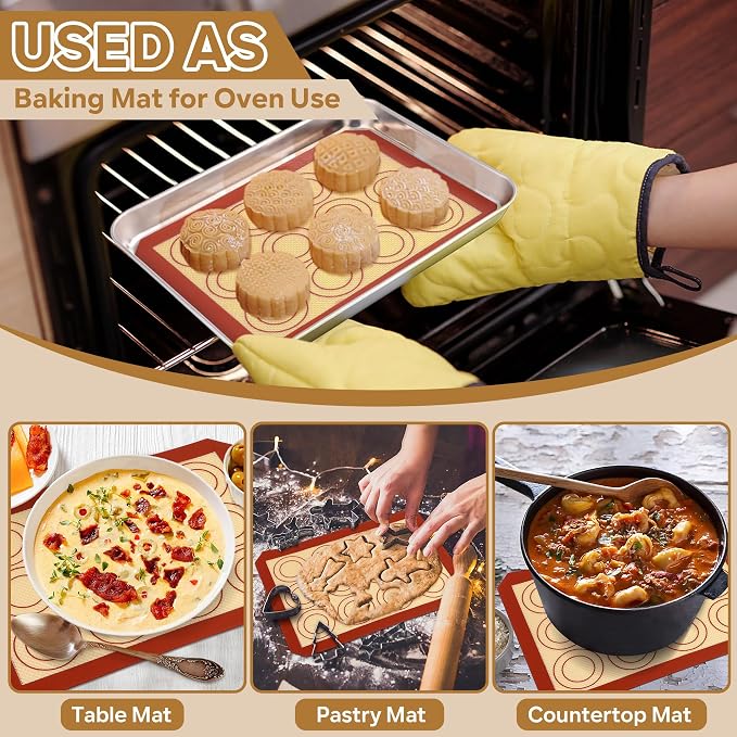 P&P CHEF 9.7 Inch Silicone Baking Mat, 2Pcs Non-stick Silicone Oven Mats | Reusable Baking Supplies for Macaroon Pastry Bread Dough Cookie Pizza, Good for Roasting Kneading, Fit Well with Sheet Pan