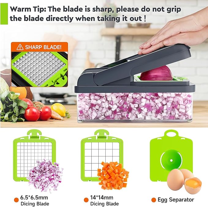 MealHelper 12-in-1 Vegetable Chopper, 7 Blade Veggie Chopper, Practical Food Chopper with Container, Cheese Grater, Home Essentials & Kitchen Gadgets(Green)