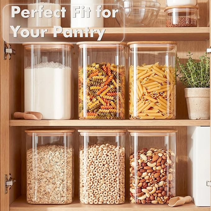 3.4Qt Large Glass Flour Cereal Storage Container with Bamboo Lid | Wide Mouth Design, With Measuring Cup, Minimalist Kitchen Organizer,Scandinavian Style Storage,Nordic Style Storage