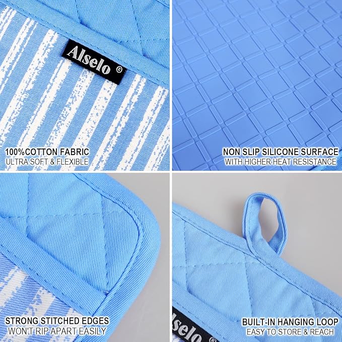 Alselo Silicone Pot Holders Set of 3 Heat Resistant & Non Slip Potholders, Professional Oven Hot Pads with Pockets Mitts for Kitchen Cooking Baking Barbecue (3, Blue)
