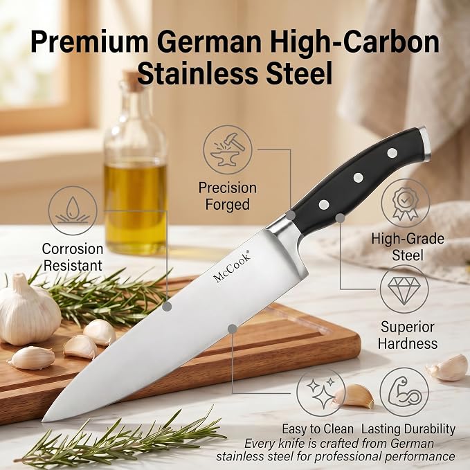 McCook® Knife Sets,German Stainless Steel Kitchen Knife Block Set with Built-in Sharpener, 20-Piece Razor-Sharp Kitchen Knives, Forged Triple Rivet,Full Tang,Ergonomic Handle,Elegant Box for Gift