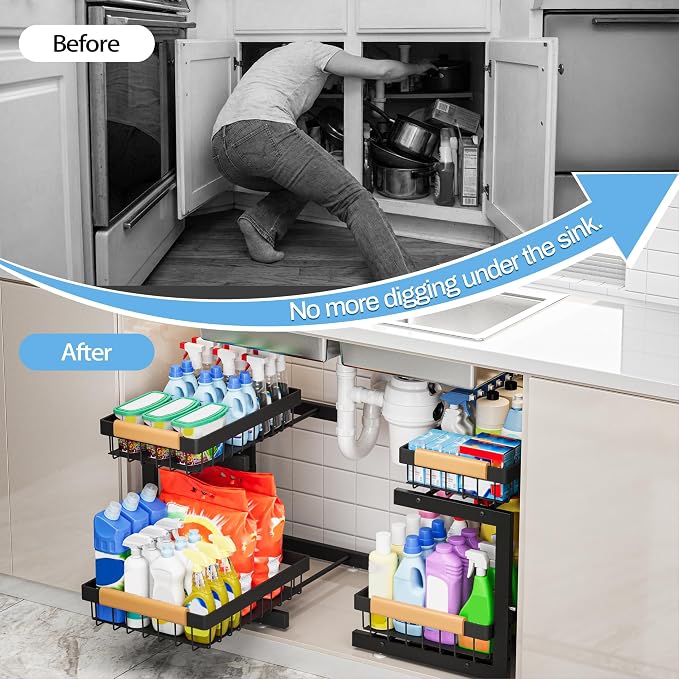 ADBIU Under Sink Organizer 2 Packs 2 Tier Expandable Height Under-Sink Organizers Slide Out Pull Out Organizer Shelf, Black