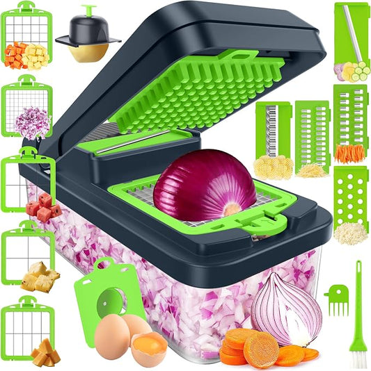 SpaceHacks 15-in-1 Vegetable Chopper, Kitchen Gadgets with 10 Blades, Veggie, Food, Onion Chopper, Cucumber Slicer, Versatile Mandoline, Includes Egg Separator & Finger Guard, Green