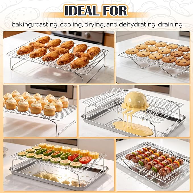 P&P CHEF 4 Tier Stackable Cooling Racks for Cooking and Baking, 15" x 10" | Stainless Steel Stackable Grid Cooling Rack for Cooling Roasting Grilling, Collapsible & Heavy Duty, Oven & Dishwasher Safe