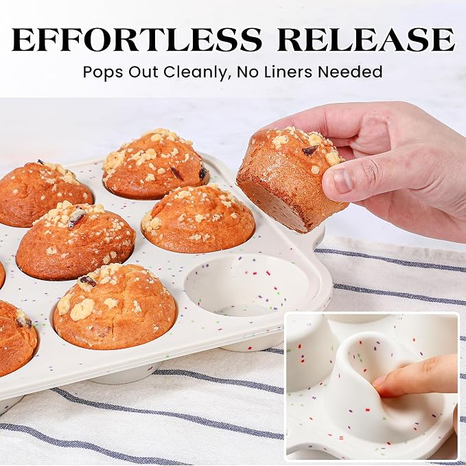 Silicone Muffin Pan with Metal Frame, Nonstick 12 Cup Regular Size Cupcake Pan, Silicone Muffin Tray for Baking Egg Bites Muffins Cupcakes Gifts for Mom Home Baker Kitchen (1 Pc, Cream)