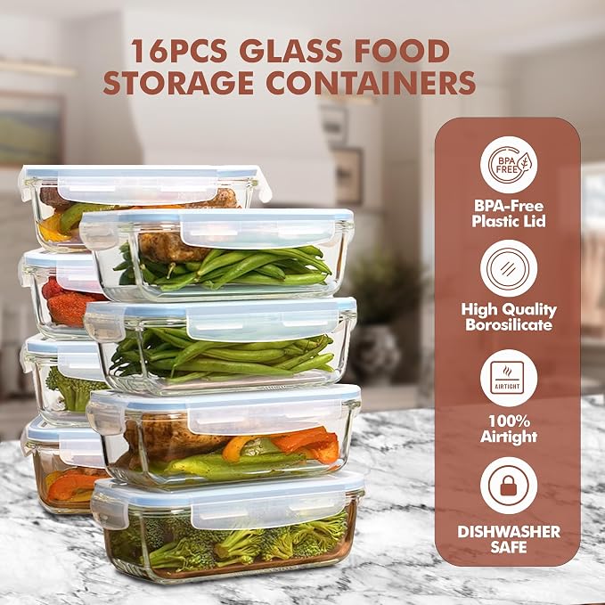 Razab 16 Pc (Set of 8) 30 Oz Glass Meal Prep Containers with Lids, Airtight Large Glass Food Storage Containers, Reusable Leak Proof BPA Free, Freezer to Oven and Dishwasher Safe