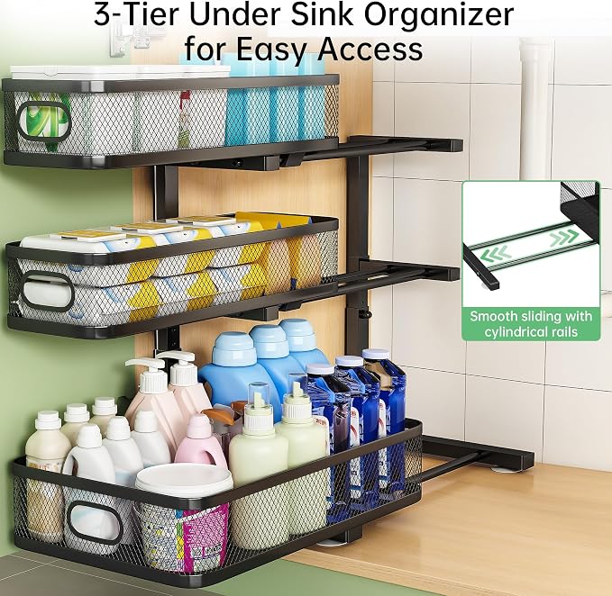 3-Tier Under Sink Organizer, Pull Out Cabinet Organizer for Kitchen & Bath | Height Adjustable, Heavy Duty Carbon Steel Holds 60 lbs, Rust-Proof Fits Kitchen Cabinet, Bathroom, Pantry & Laundry
