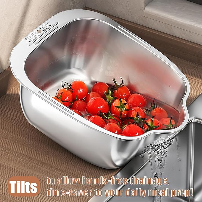 Rice Washer Strainer Bowl, Stainless Steel Washing Bowl whit Side Drainers, Versatile Square Quinoa Colander for Cleaning Rinsing Fruits, Vegetables, and Beans - Multifunctional Drain Basket