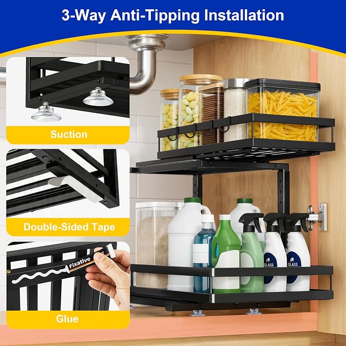 2-Tier Metal L-Shaped Pull-Out Under Sink Organizer, Black, 1 Pack | 1 complete set; ball-bearing slides; 6-level height; no-drill setup