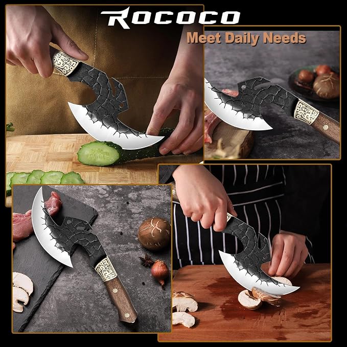 ROCOCO Viking Cleaver Knife Birthday - Full Tang Kitchen Axe Gift Men | Hand Forged Butcher Meat Cutting Boning Knife Home Outdoor BBQ Camping Birthday Father Mother Gift