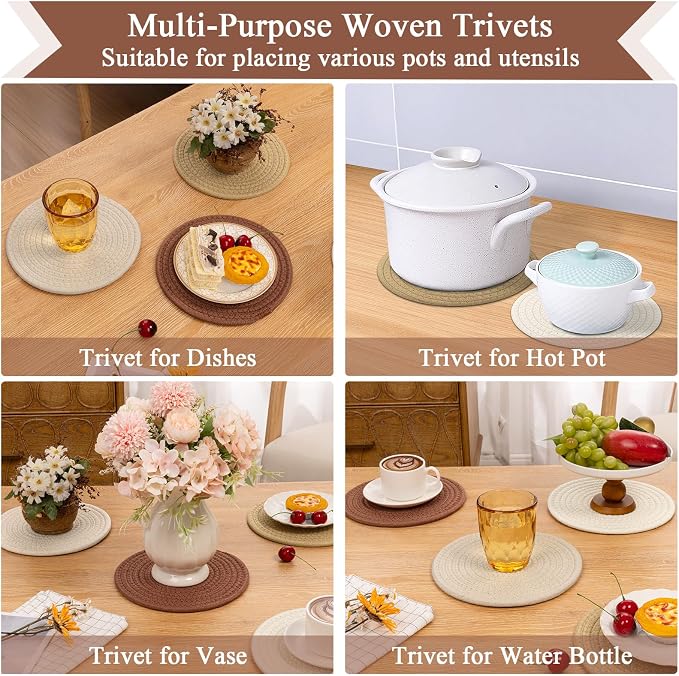 SHACOS 8 Inches Trivets for Hot Dishes, 4 Pieces Cotton Trivets Mats for Kitchen, Hot Pads for Countertops and Table, Heat-Resistant Pot Holders for Hot Pots and Pans(Mix Color, 4pcs)