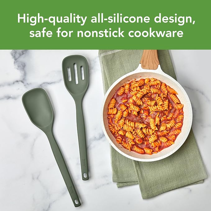 Tovolo Elements Silicone Spoon Set of 2 Mixing and Slotted Spoon Bundle for Non Stick Cooking Mixing Serving, Dishwasher Safe Heat Resistant Slotted Spoon and Mixing Serving Spoon, Thyme Green
