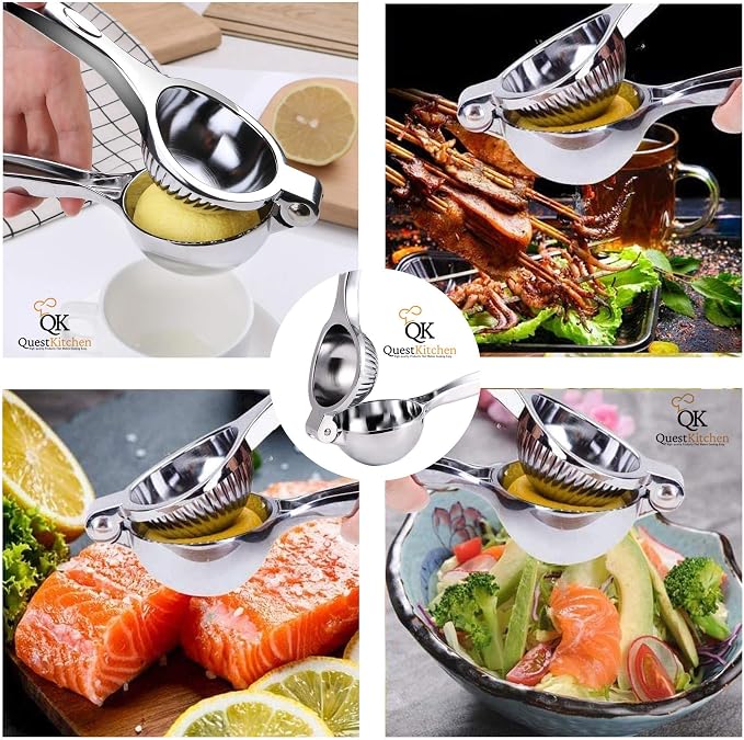 Lemon Squeezer Stainless Steel Quest Kitchen - Manual Juicer Press - for Limes - Lemons - and Small Oranges - Pure and Organic Juicer Extractor - Easy to Clean and Use - Commercial grade quality