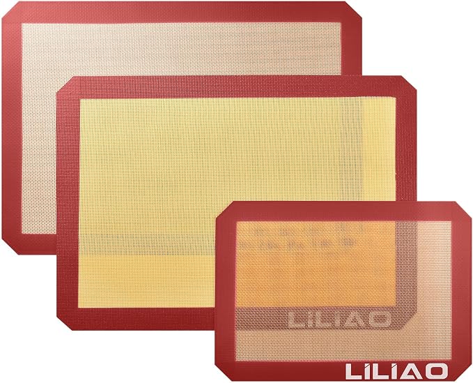 LILIAO Silicone Baking Mat, 3-Pack Non-Stick Reusable Baking Mat, Oven Baking Sheet for Making Cookies, Macaroons, Bread and Pastry (Red)