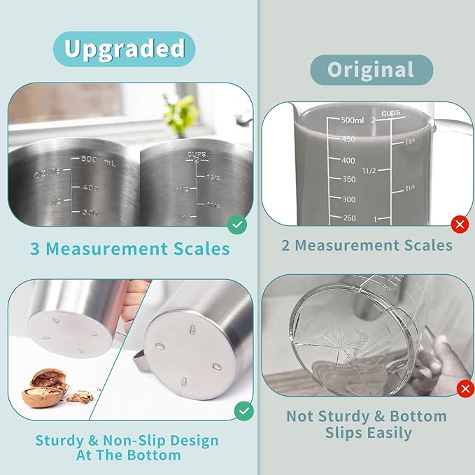 Newness 5-Pack Stainless Steel Measuring Cups Set, Metal Measuring Cup | (3 Marking, Cup/ML/Oz Scale)(2, 3, 4, 6 & 8 Cup) Metal Measuring Cup with Handle For Prepping, Baking and Cooking, Dishwasher