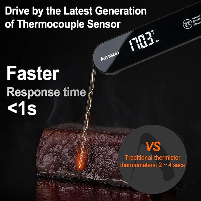 Atogou The Latest Thermocouple Food Thermometer. Faster: <1 Second Response time. More Accurate: ±0.5°F (0.3°C), IPX7 Waterproof, for Meat/Candy/Grill/BBQ etc. Fathers Day Gift, TH-22 Black