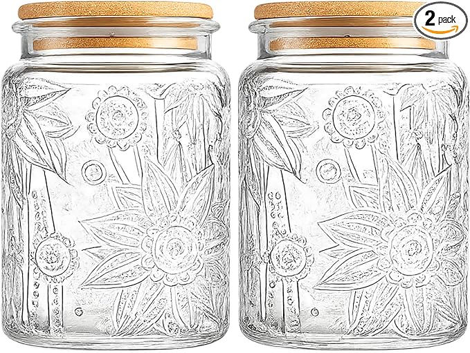 Vintage Glass Jar with Bamboo Lid, 23.7 FL oz - Airtight Decorative Food Storage Canisters for Kitchen Counter, Ideal for Candy, Sugar, Coffee, Cookies (Sunflower*2)