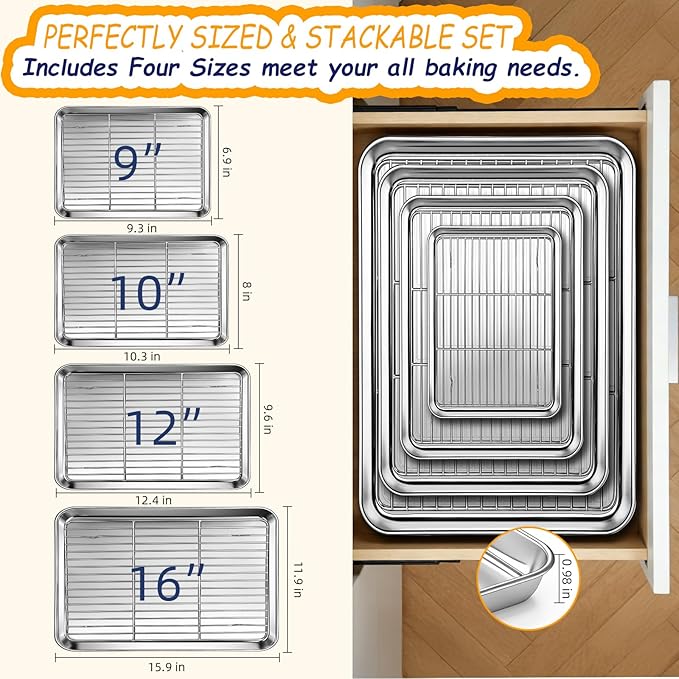 Baking Sheet Pan Set of 8, CEKEE Stainless Steel Cookie Sheets for Baking with Cooling Rack, Small/Quarter/Jelly Roll Pans, 9/10/12/16 Inch, 0.8mm Thick Heavy Duty & Non Toxic & Easy Clean