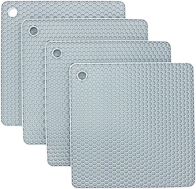 Silicone Trivets Mats, Silicone Hot Pads for Pot Holder, Square Trivets for Hot Dishes, Pots and Pans, Multipurpose Hot Pads for Kitchen Counter, Non Slip Heat Resistant Mats Set 4 Light Grey
