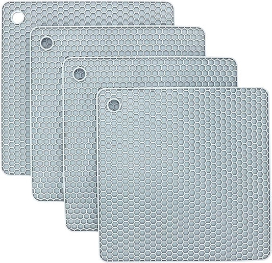 Silicone Trivets Mats, Silicone Hot Pads for Pot Holder, Square Trivets for Hot Dishes, Pots and Pans, Multipurpose Hot Pads for Kitchen Counter, Non Slip Heat Resistant Mats Set 4 Light Grey