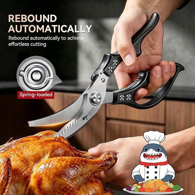 MAD SHARK Professional Heavy Duty Poultry Shears - Kitchen Shears for Spatchcocking Chicken and Meat Cutting, Multi-Purpose Kitchen Scissors for Food, Spring-loaded (Black)